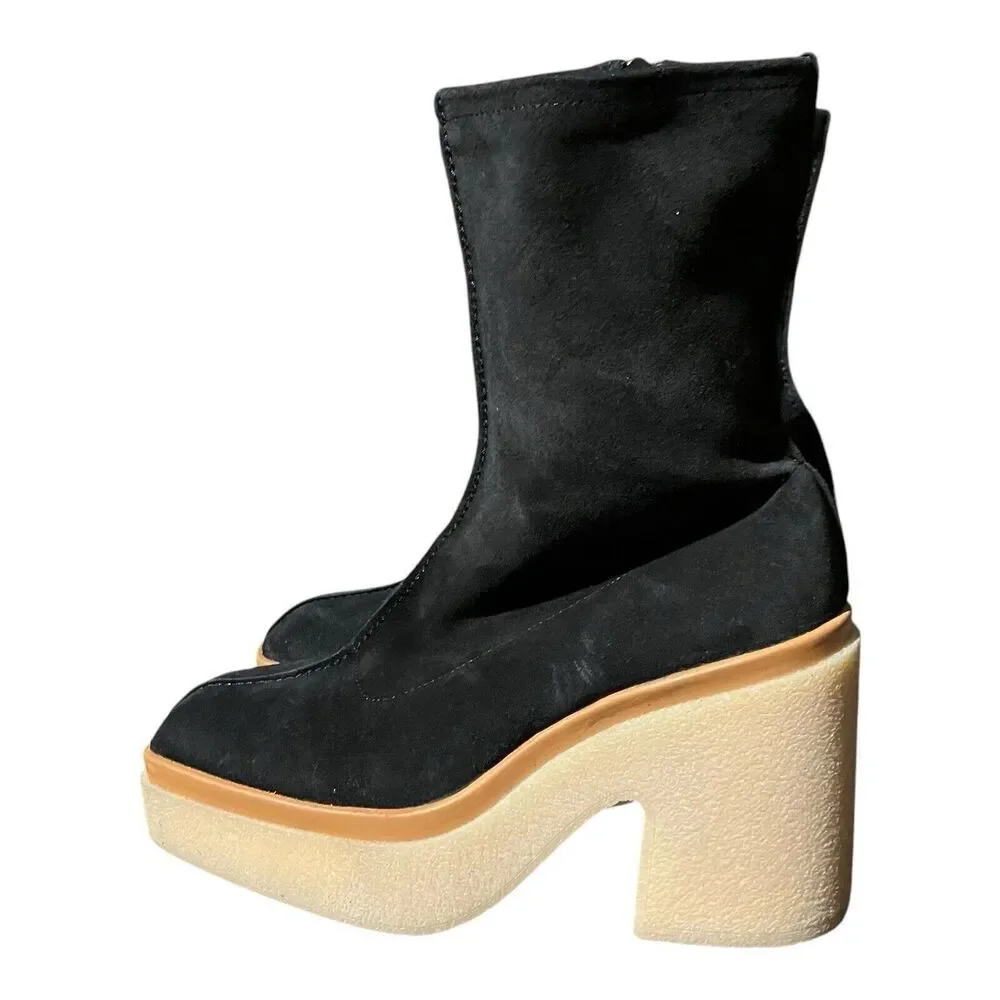 Free People Gigi Ankle Bootie 7 / 37.5 Black Suede Leather Square Toe‎ Platform